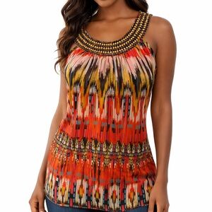 Adiva Multicolor Beaded-Neck Sleeveless Camisole in Red and Gold